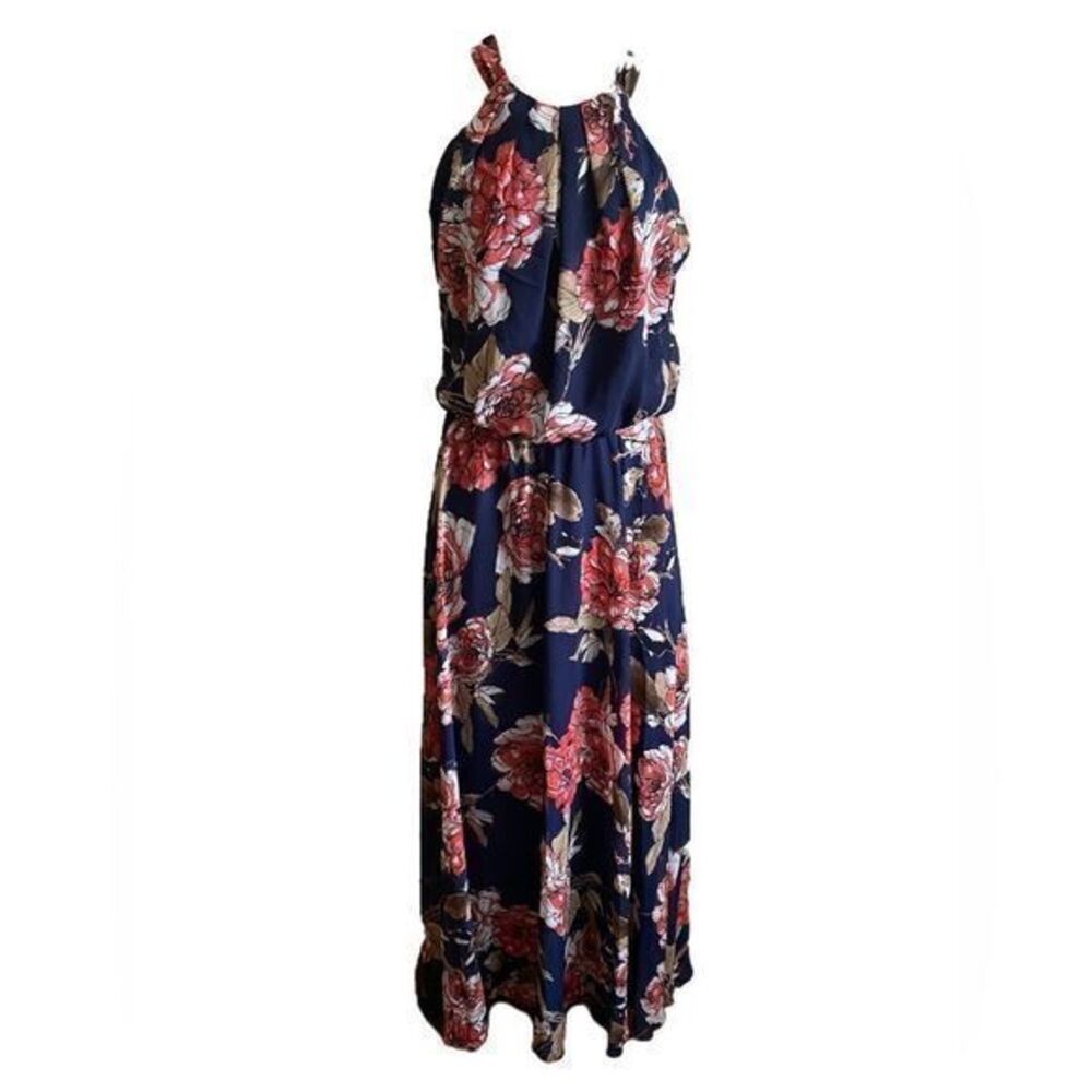 Bisou Bisou Midi Dress - 2 blue floral print , halter style neck